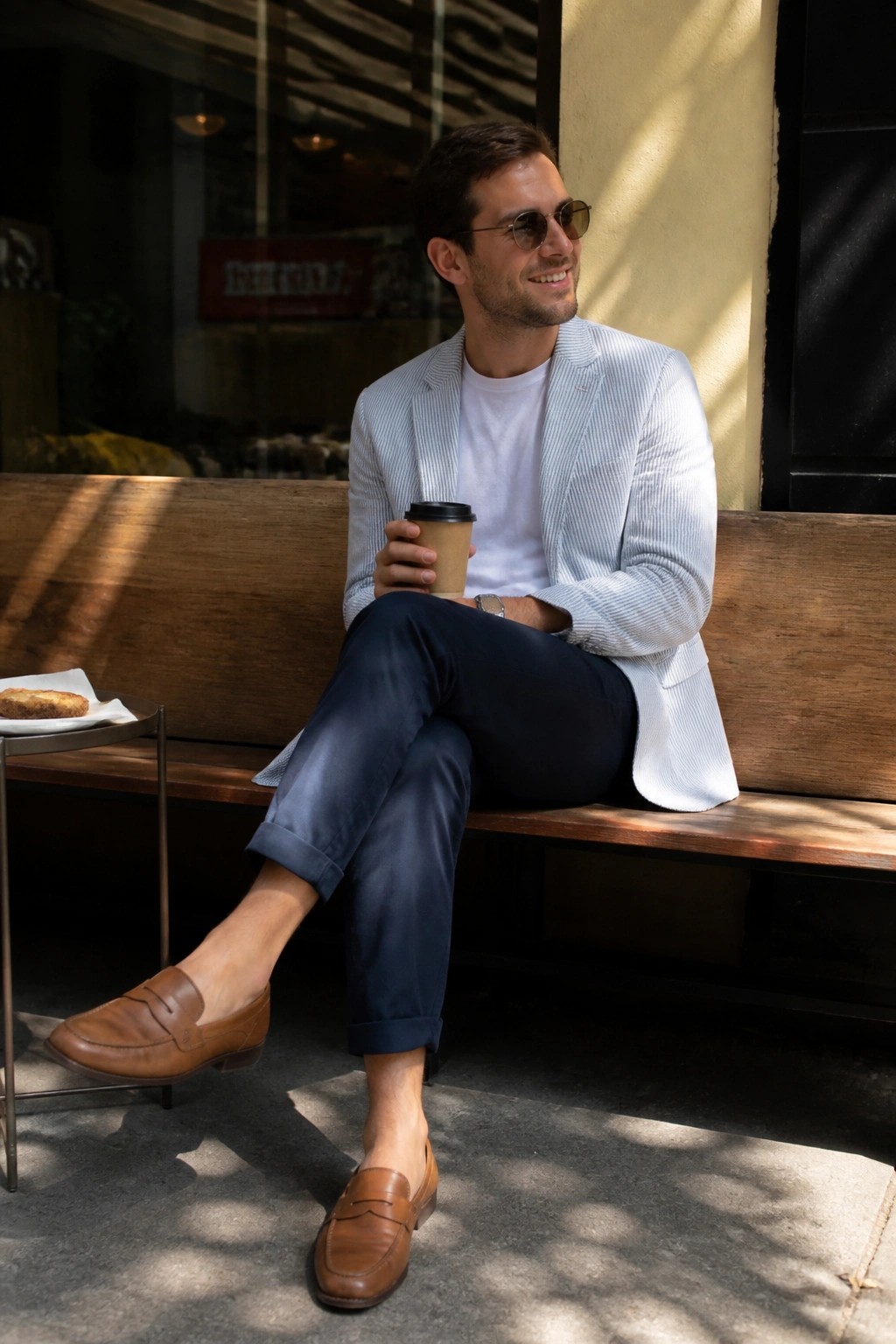 Man in light blue striped blazer holds coffee on sunny wooden bench with pastry nearby.