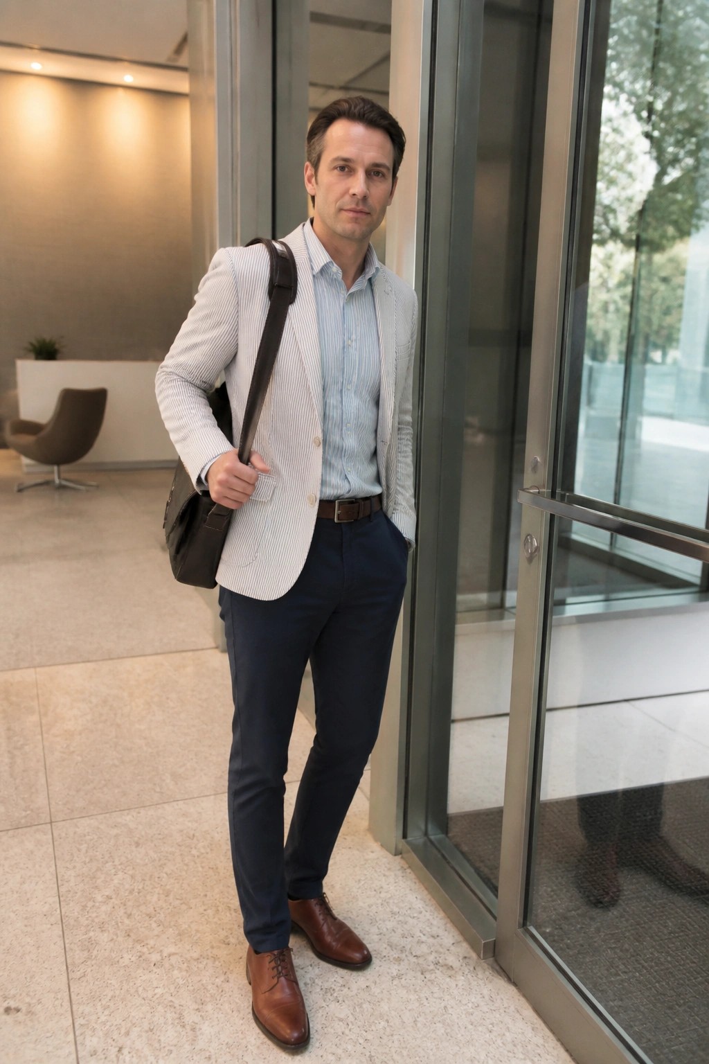 Man in striped blazer and navy pants with messenger bag by glass doors.
