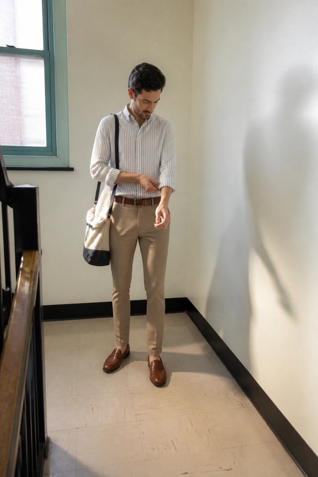 Man in striped shirt and beige pants checks watch while carrying canvas tote bag