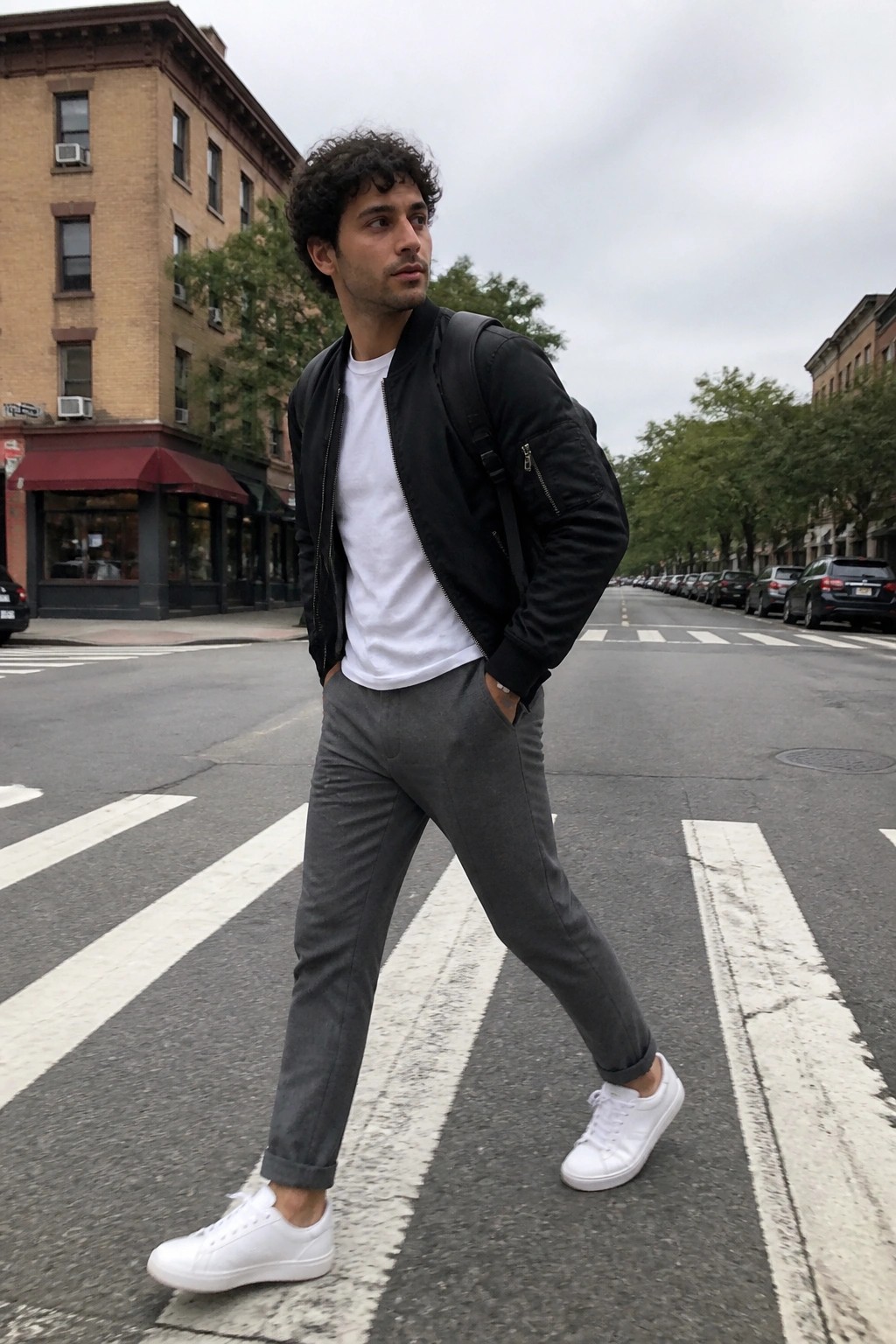 Curly-haired man in black bomber jacket and white sneakers on city crosswalk.