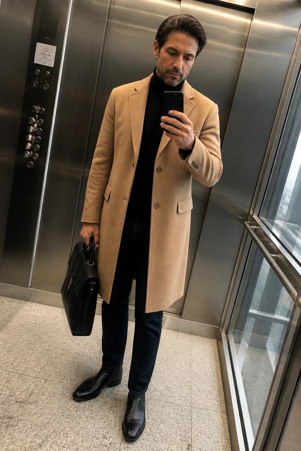 Man in tan overcoat and black turtleneck holding briefcase in elevator