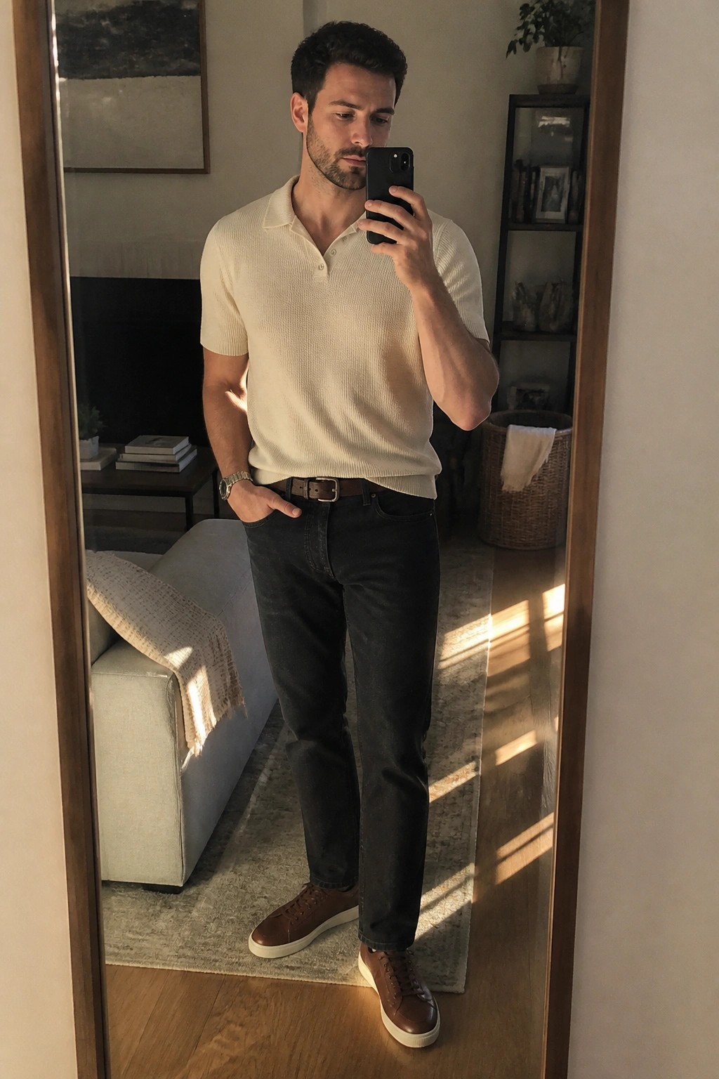 Man in cream polo shirt and dark jeans taking mirror selfie in living room