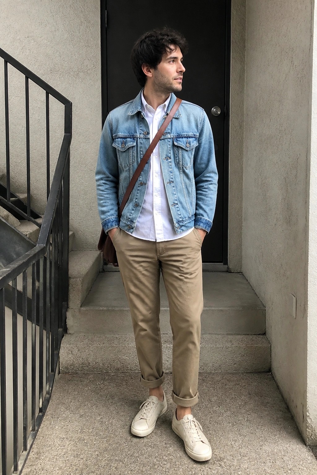 Man in light blue denim jacket, white shirt, and khaki pants on steps