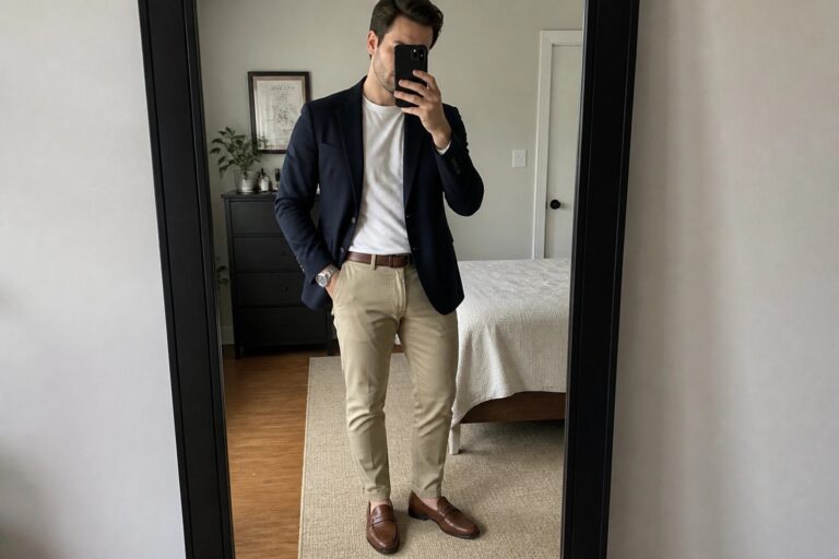 23 Modern Men’s Smart Casual Outfits Built Around Versatile Wardrobe Staples Man in navy blazer and khaki pants taking mirror selfie in bedroom