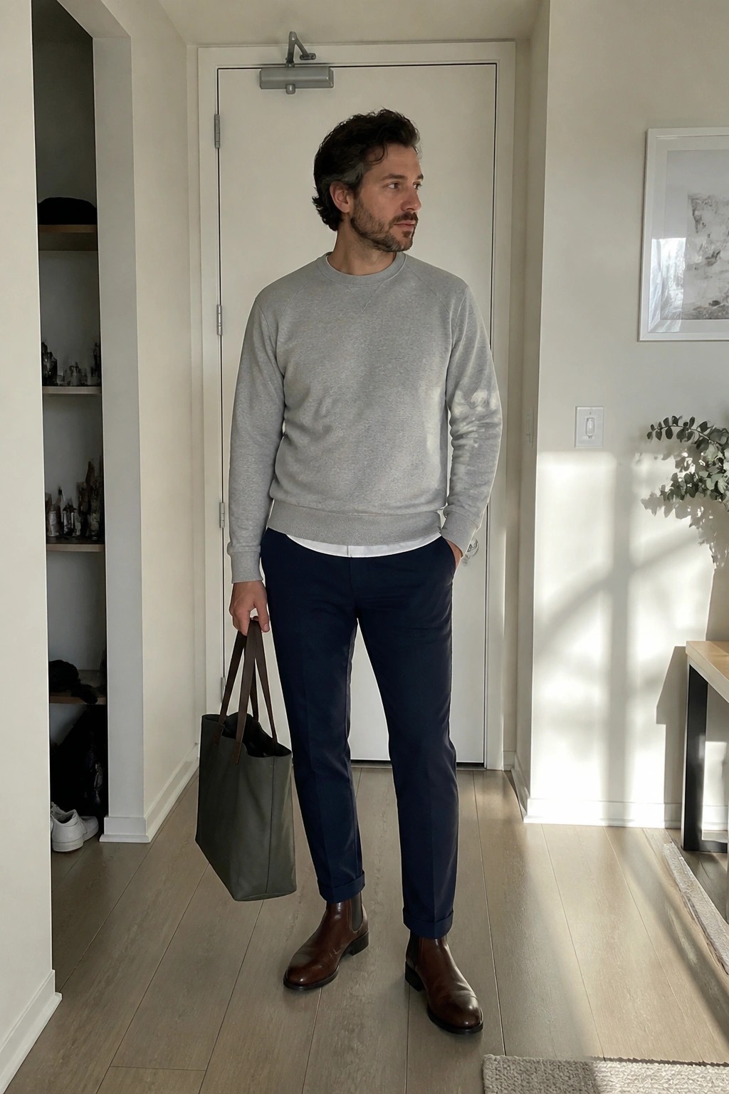 Man in gray sweatshirt and navy pants holding olive tote bag, wearing brown boots
