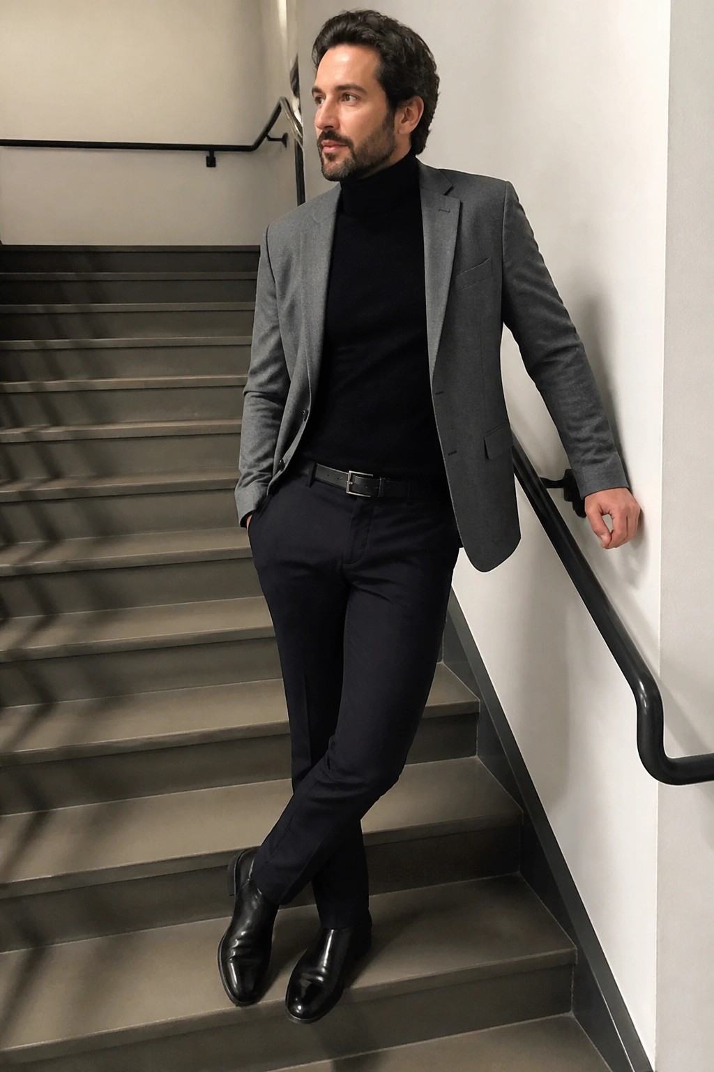 Man in gray blazer over black turtleneck standing on gray staircase