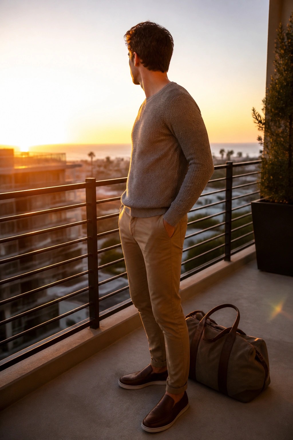 Man in gray sweater and beige pants on sunset balcony beside duffel bag