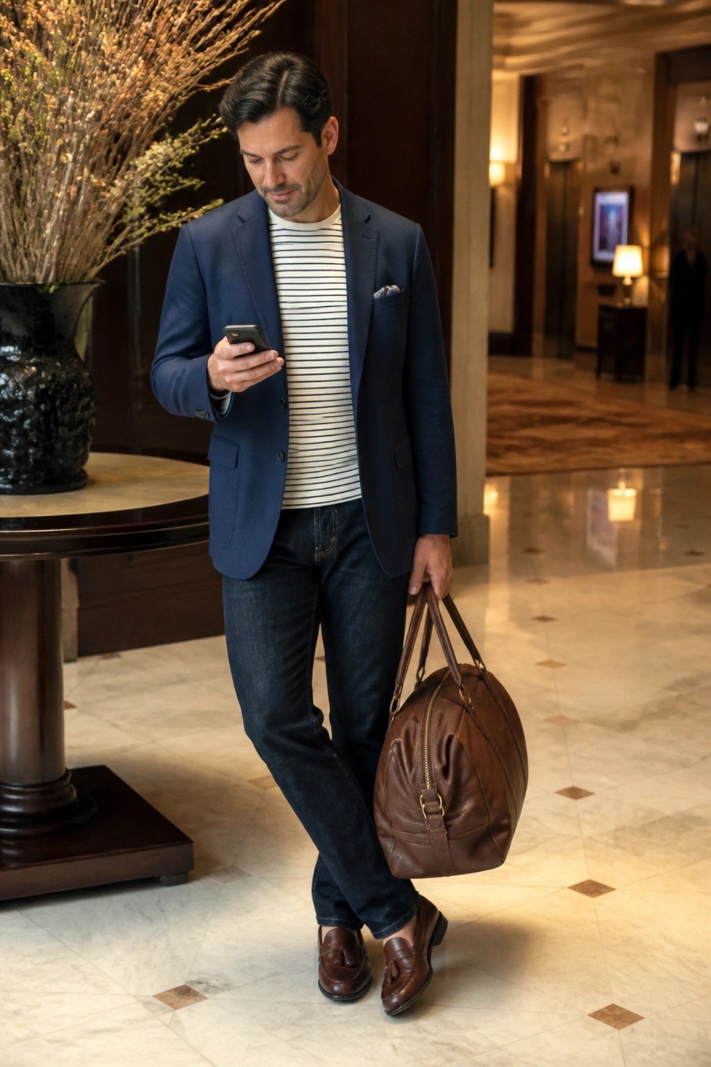 Man in navy blazer and jeans checks phone while holding brown leather duffel bag