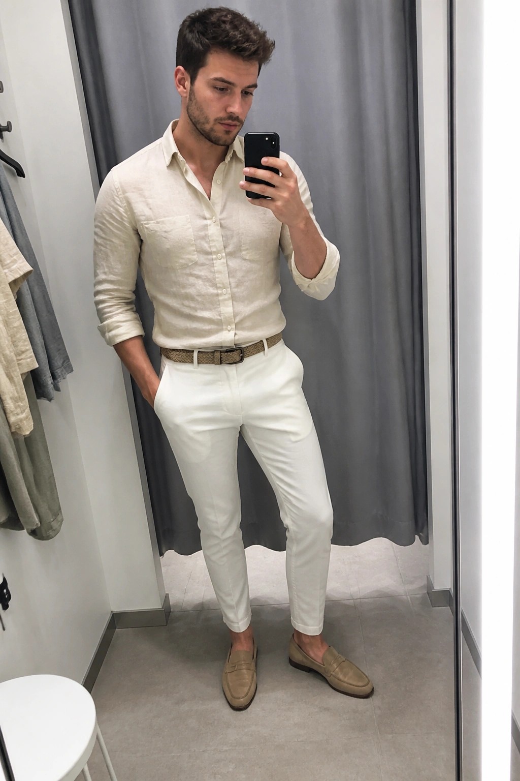 Man in cream linen shirt and white pants taking mirror selfie with phone