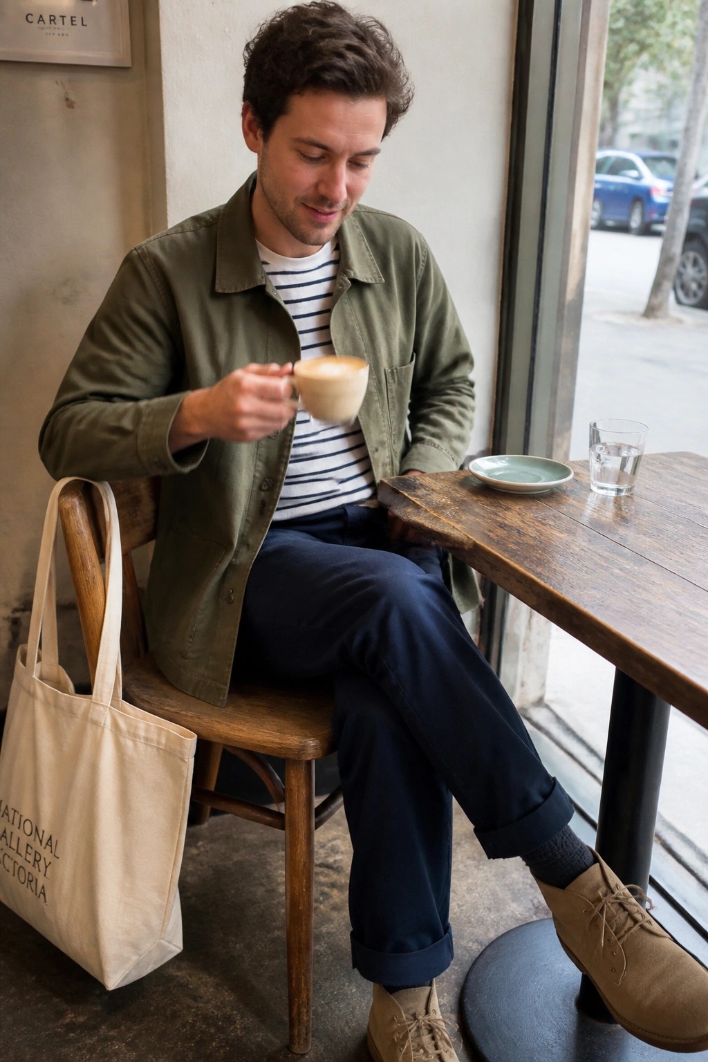 Man in green jacket sips coffee at wooden cafe table with tote bag nearby.