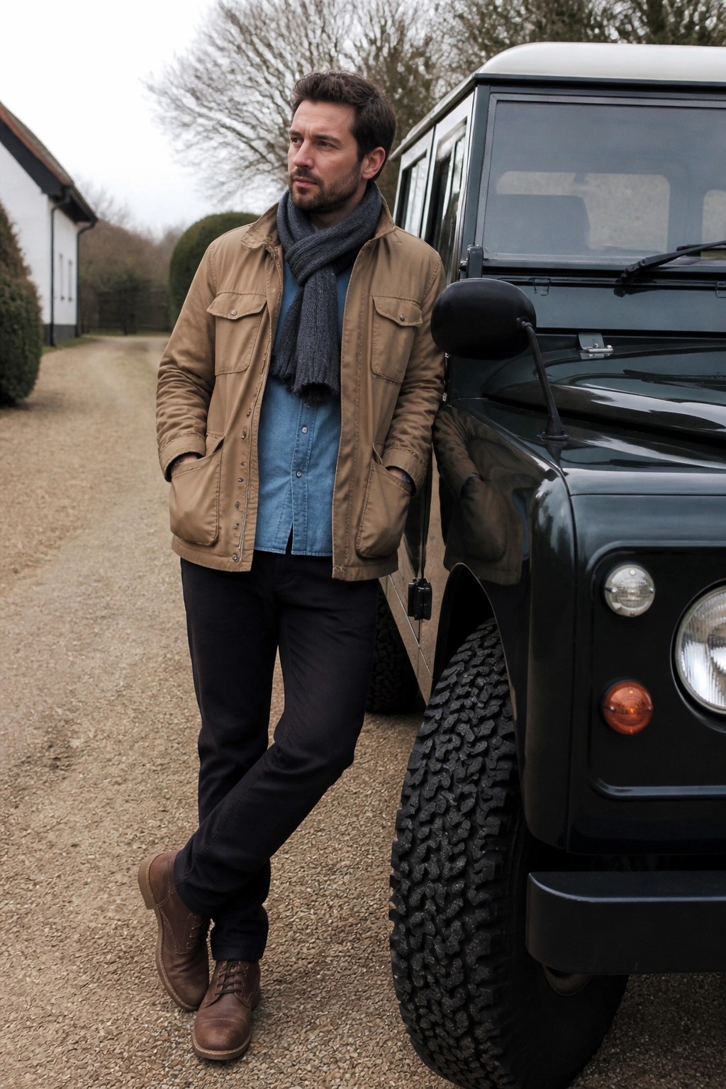 Man in tan jacket and gray scarf leans against dark green Land Rover.