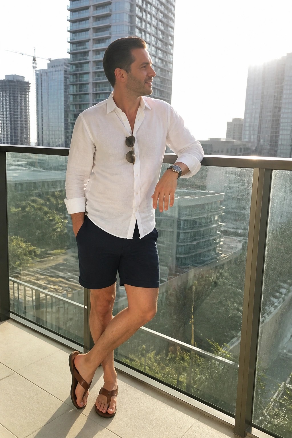 Man in white linen shirt and navy shorts on sunny city balcony.