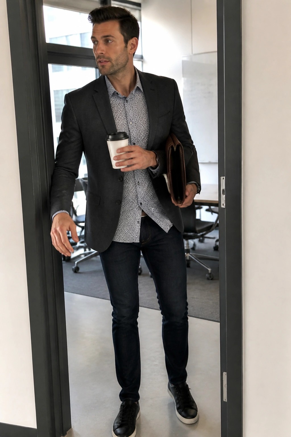 Man in dark blazer and jeans holds coffee cup and brown portfolio in office doorway.