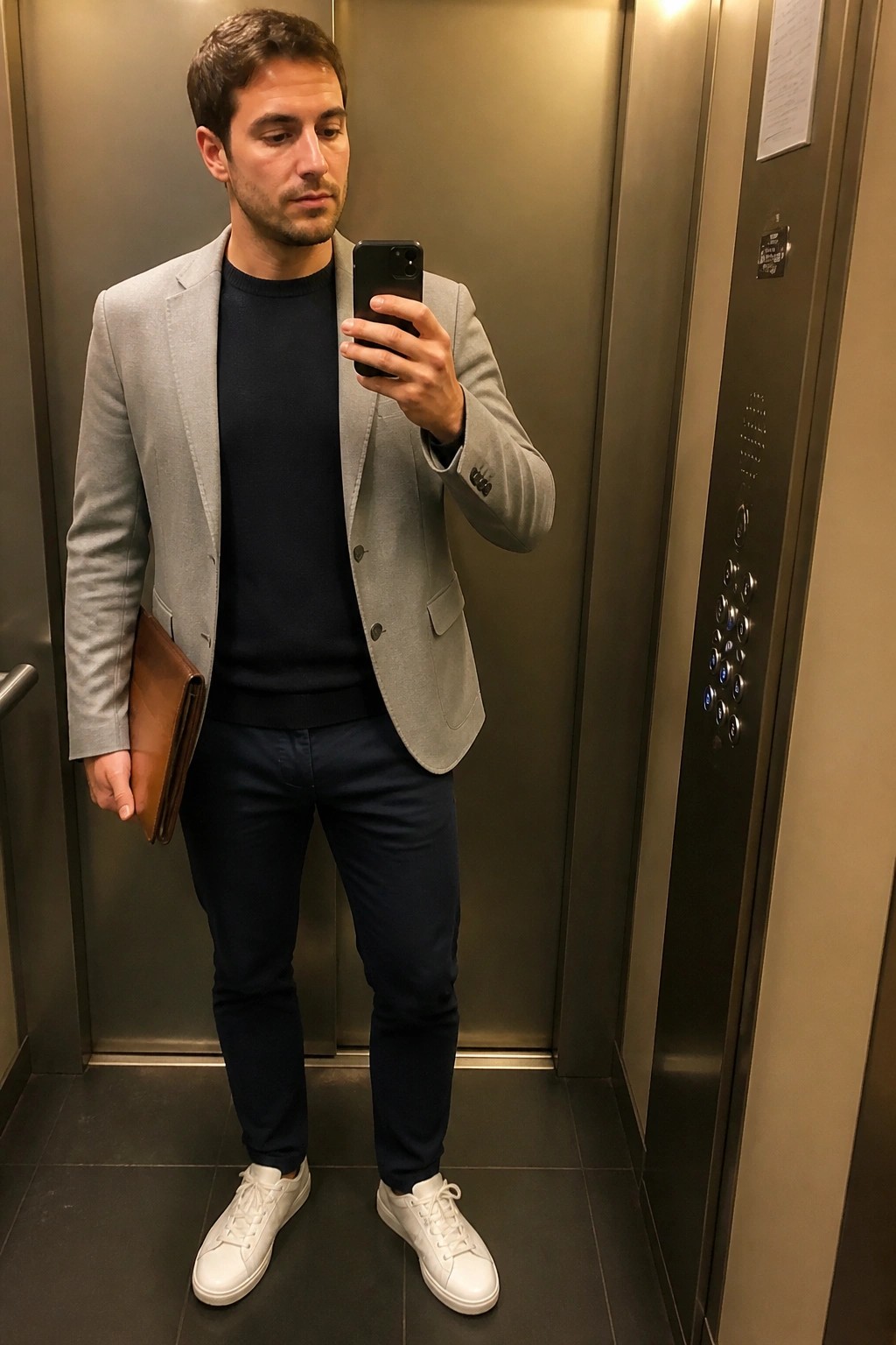 Man in gray blazer and navy outfit takes selfie in elevator holding brown folder
