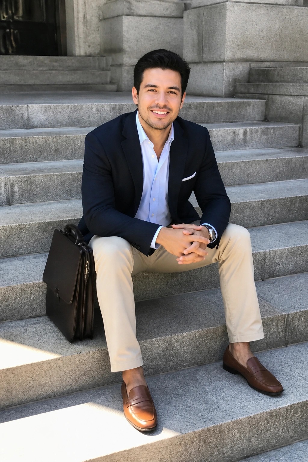Man in navy blazer and beige pants sits smiling on stone steps with briefcase.