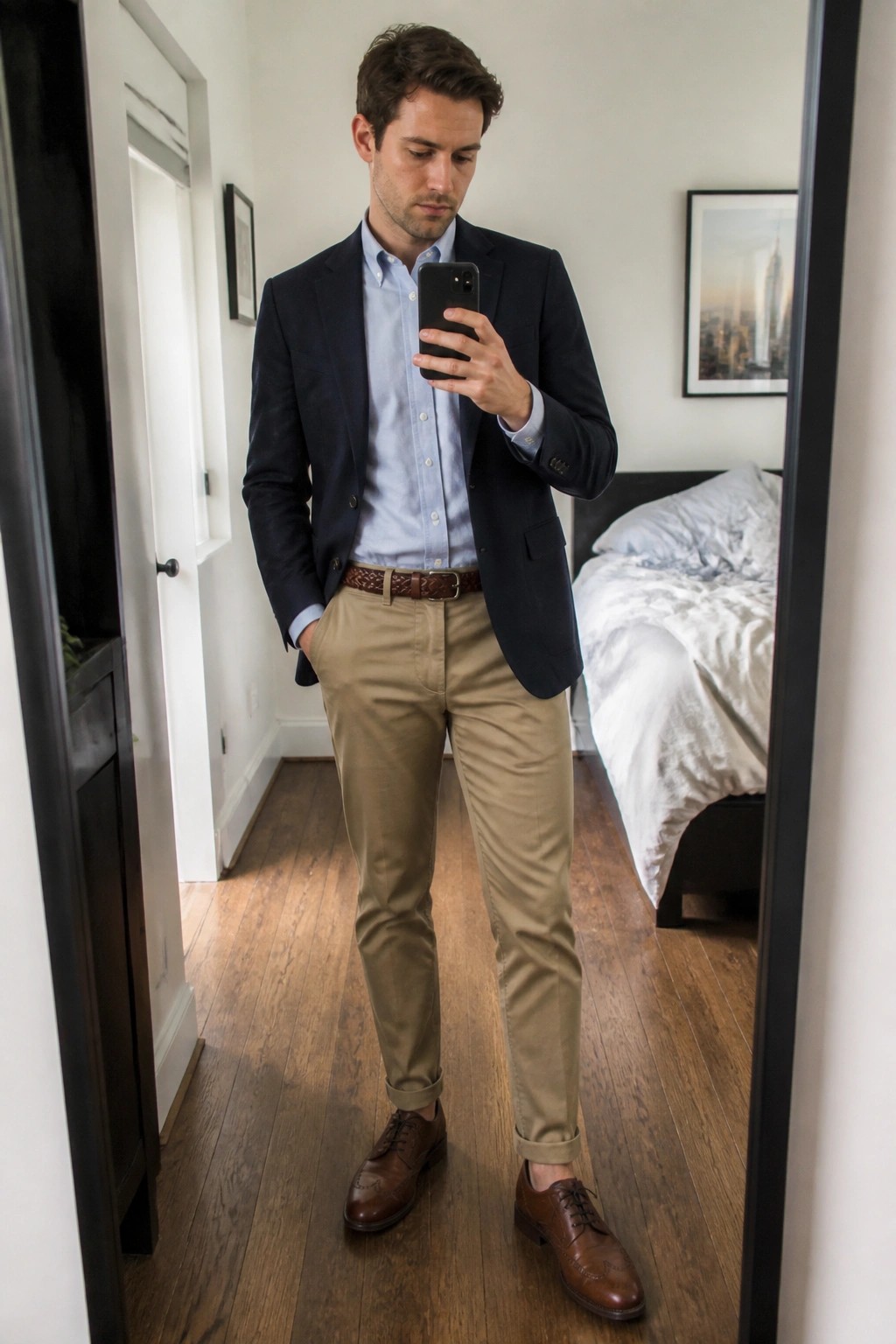 Man in navy blazer, light blue shirt, and khaki pants taking mirror selfie