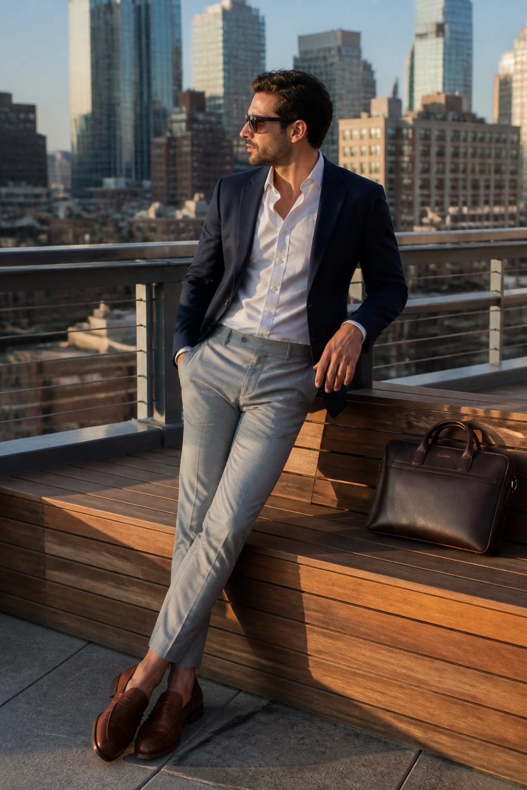 Man wearing navy blazer over white shirt with light gray trousers and brown loafers next to a leather bag.