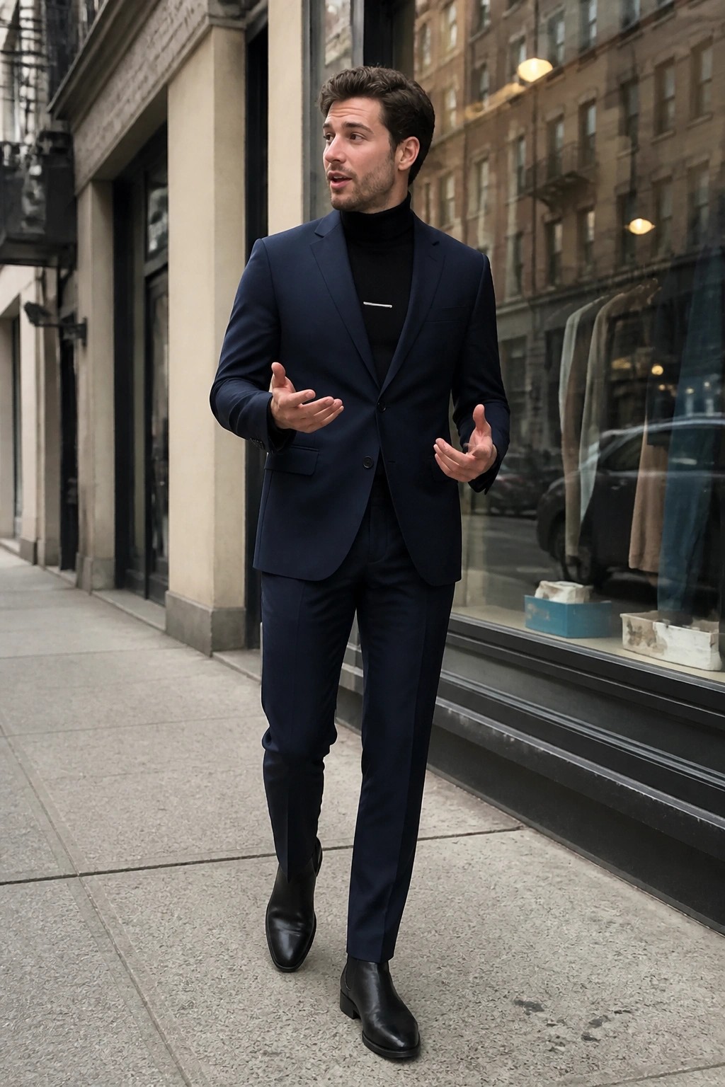 Man in navy blue suit and black turtleneck gesturing on city sidewalk