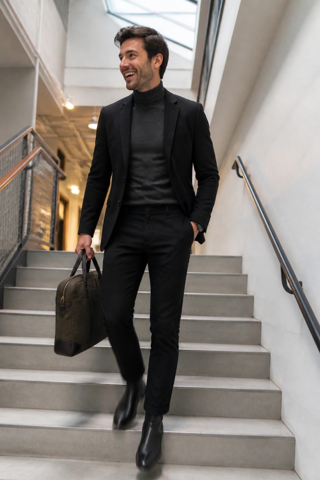Smiling man in black blazer and turtleneck carrying olive bag up concrete stairs.