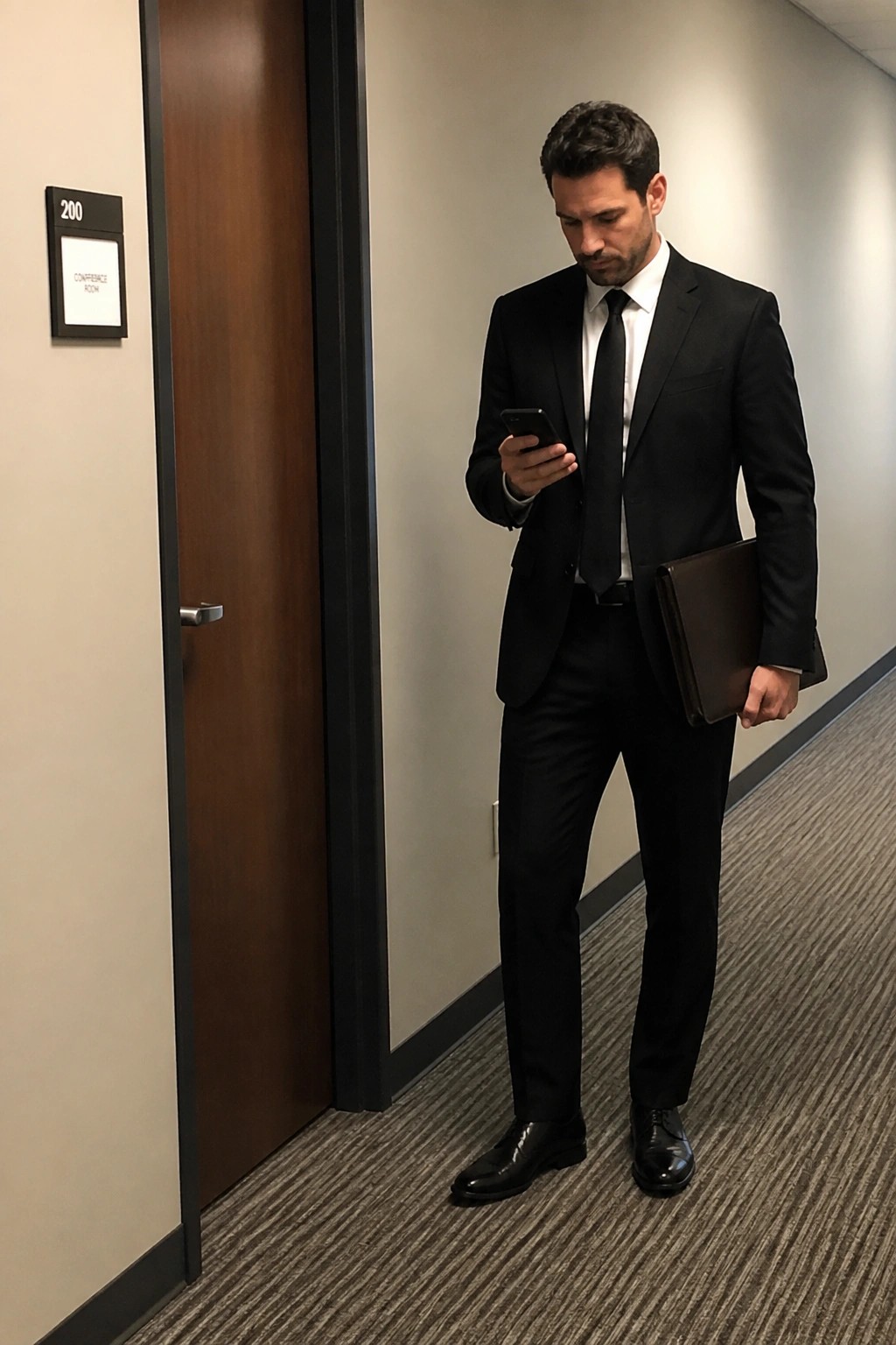 Man in black suit checks phone while holding briefcase near conference room door