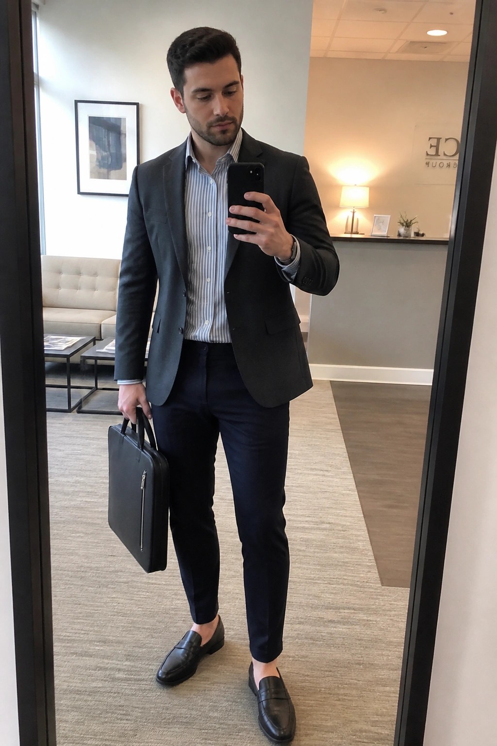 Man in dark blazer and striped shirt holding phone and briefcase in office lobby