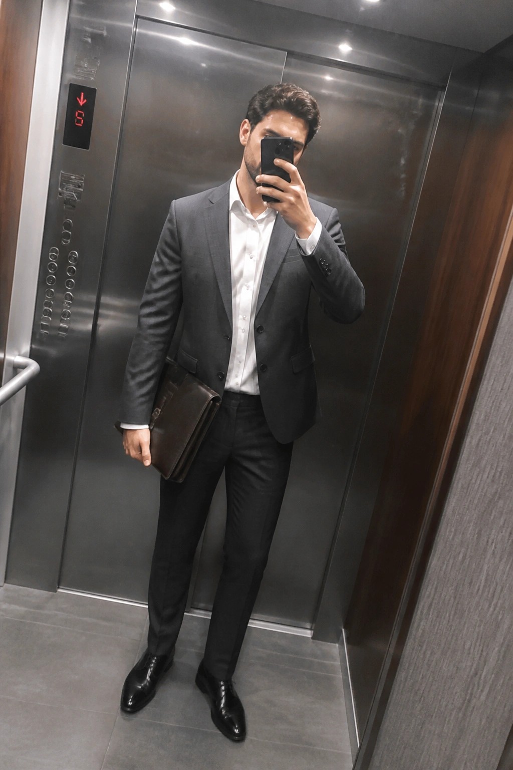 Man in a dark gray business suit jacket and trousers with a white button-down shirt black dress shoes and brown leather portfolio bag taking a mirror selfie in an elevator.