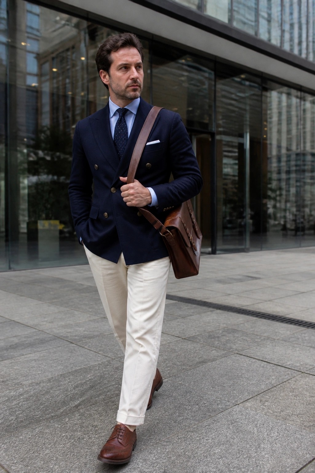 Man wearing a navy double breasted blazer over a light blue shirt and patterned tie with cream pants, brown leather bag, and brown brogue shoes.