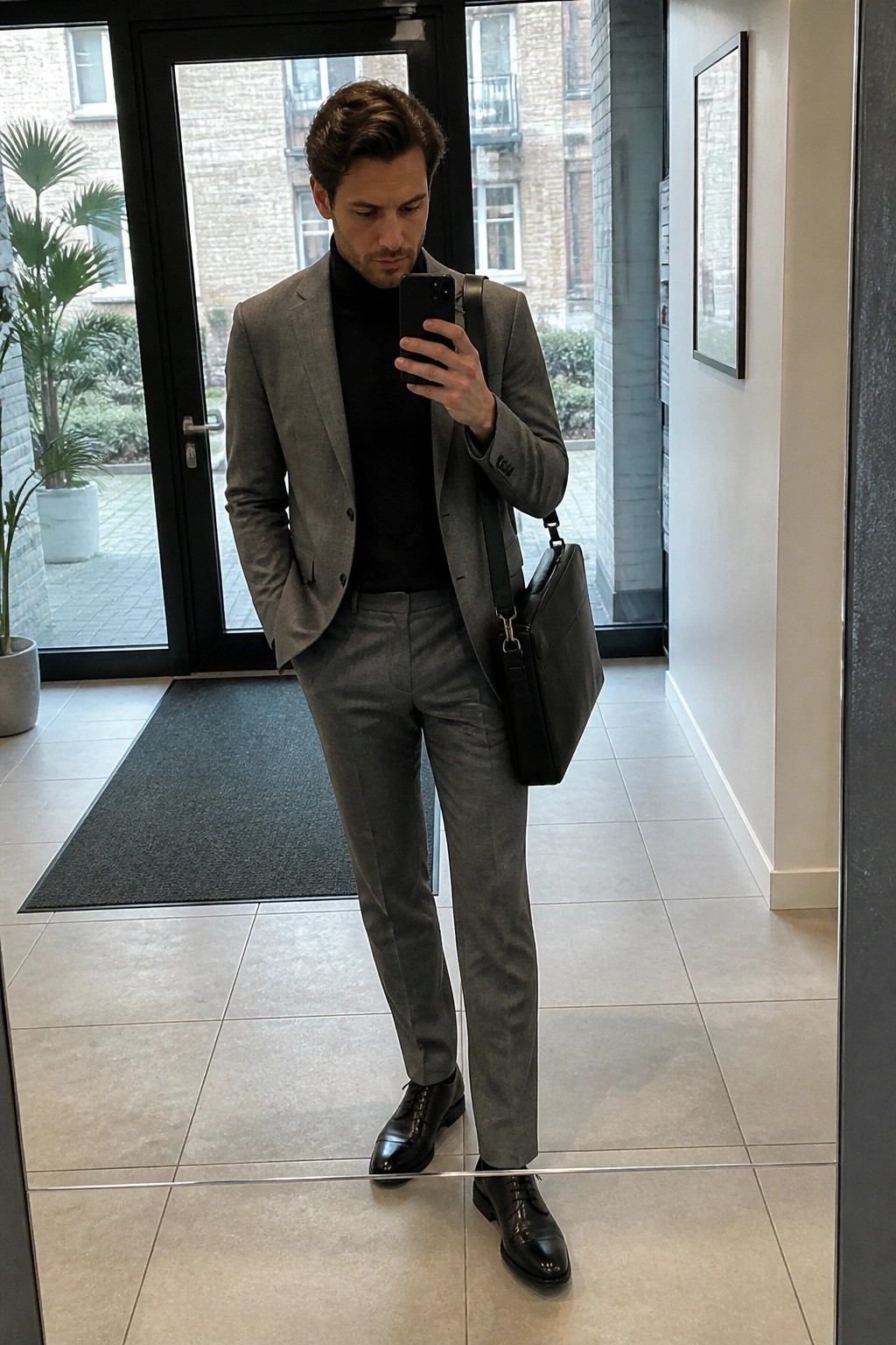 Man in gray suit and black turtleneck taking mirror selfie with leather bag