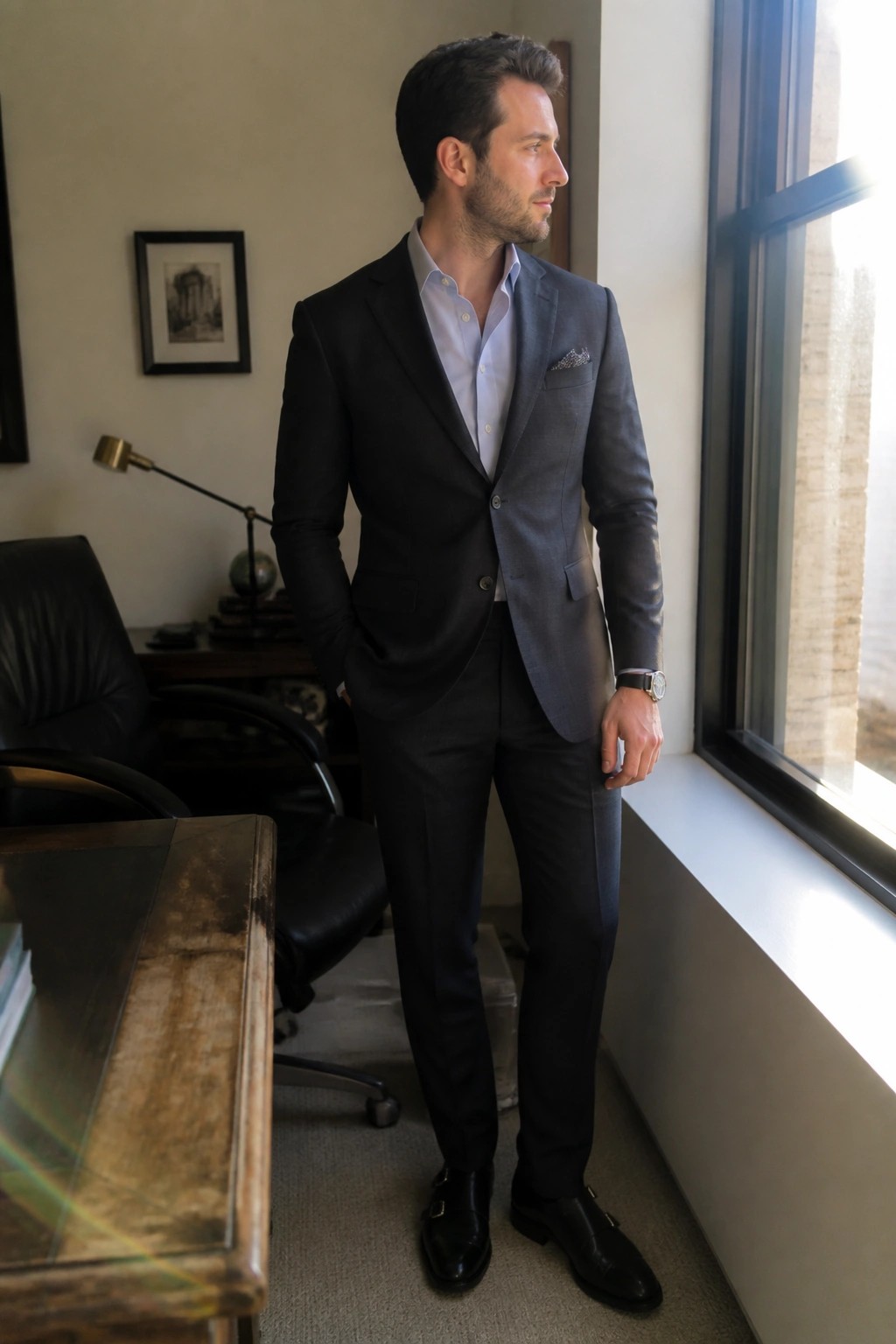 Man in gray suit jacket and blue shirt standing by office window