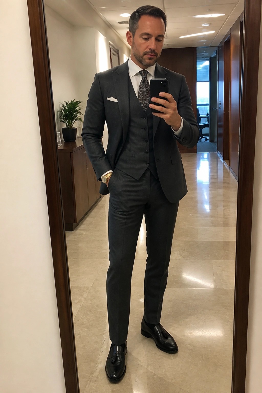 Man in gray three-piece suit taking mirror selfie in polished office hallway.