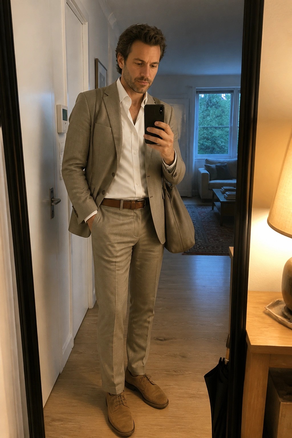 Man in light gray suit takes mirror selfie in home hallway with wooden floors