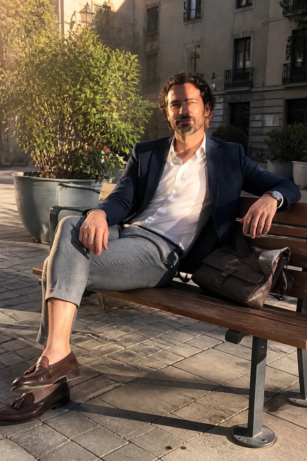 Man in navy blazer and gray pants sits on wooden bench with leather bag