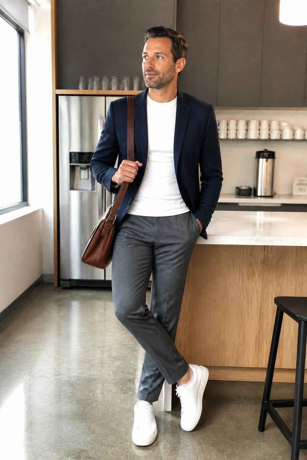 Man in navy blazer, white tee, gray pants, white sneakers holding brown bag in kitchen