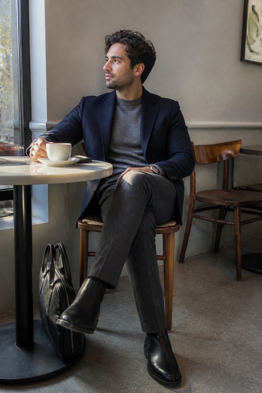Man in navy blazer and gray sweater sits at cafe table with coffee and bag.