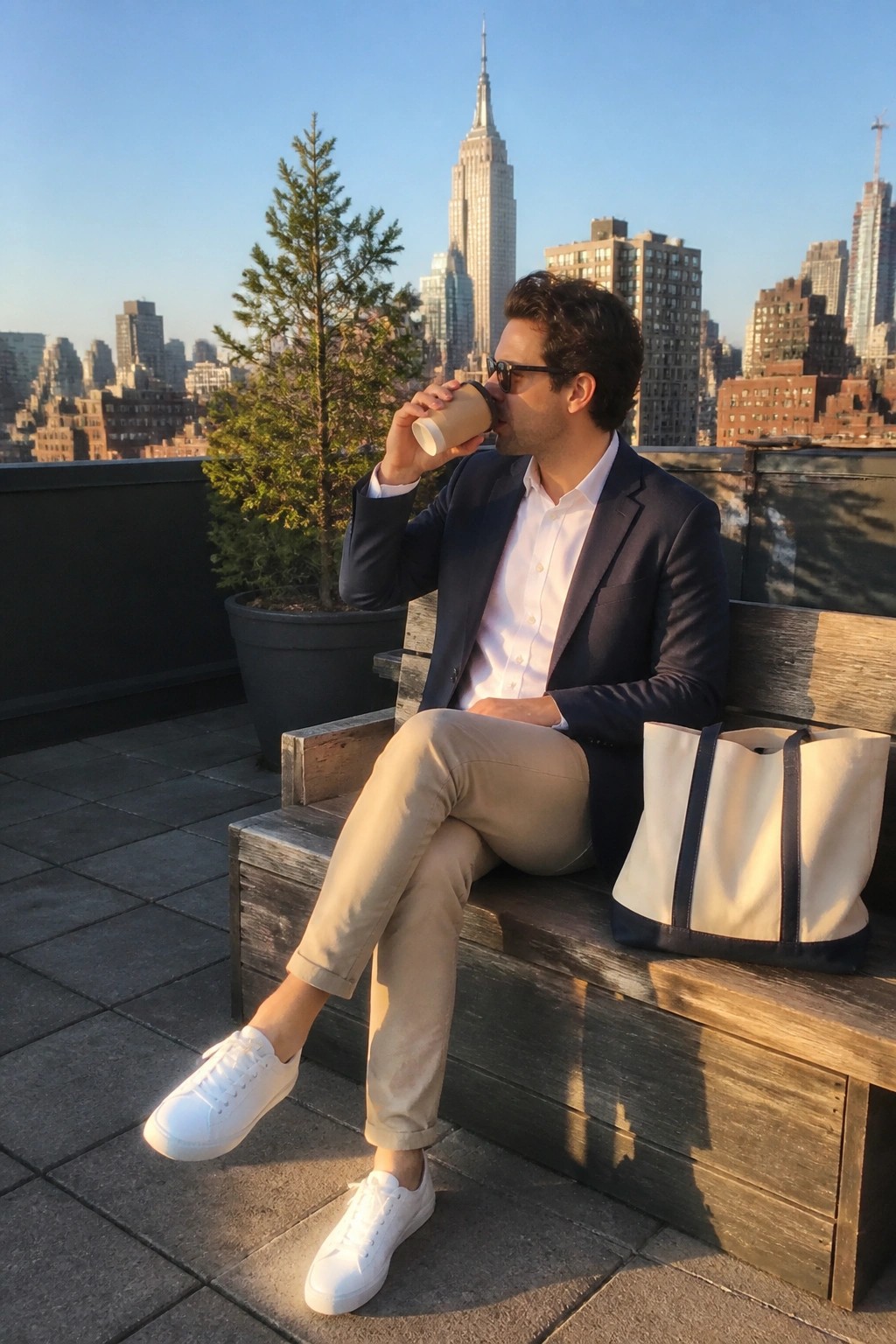 Man in navy blazer sips coffee on rooftop bench with tote and skyline.