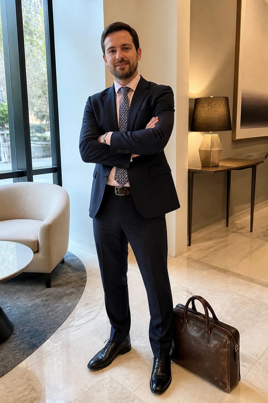 Man in navy suit with crossed arms beside brown leather briefcase in modern lobby