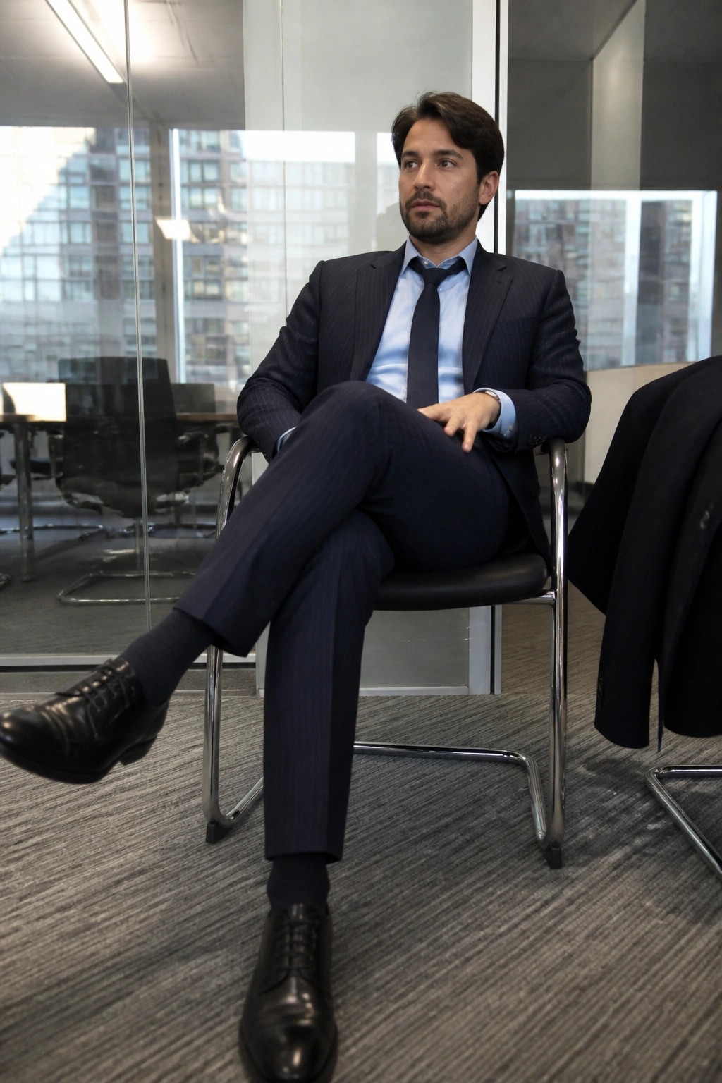 Man in dark pinstripe suit sits cross-legged in modern office chair.