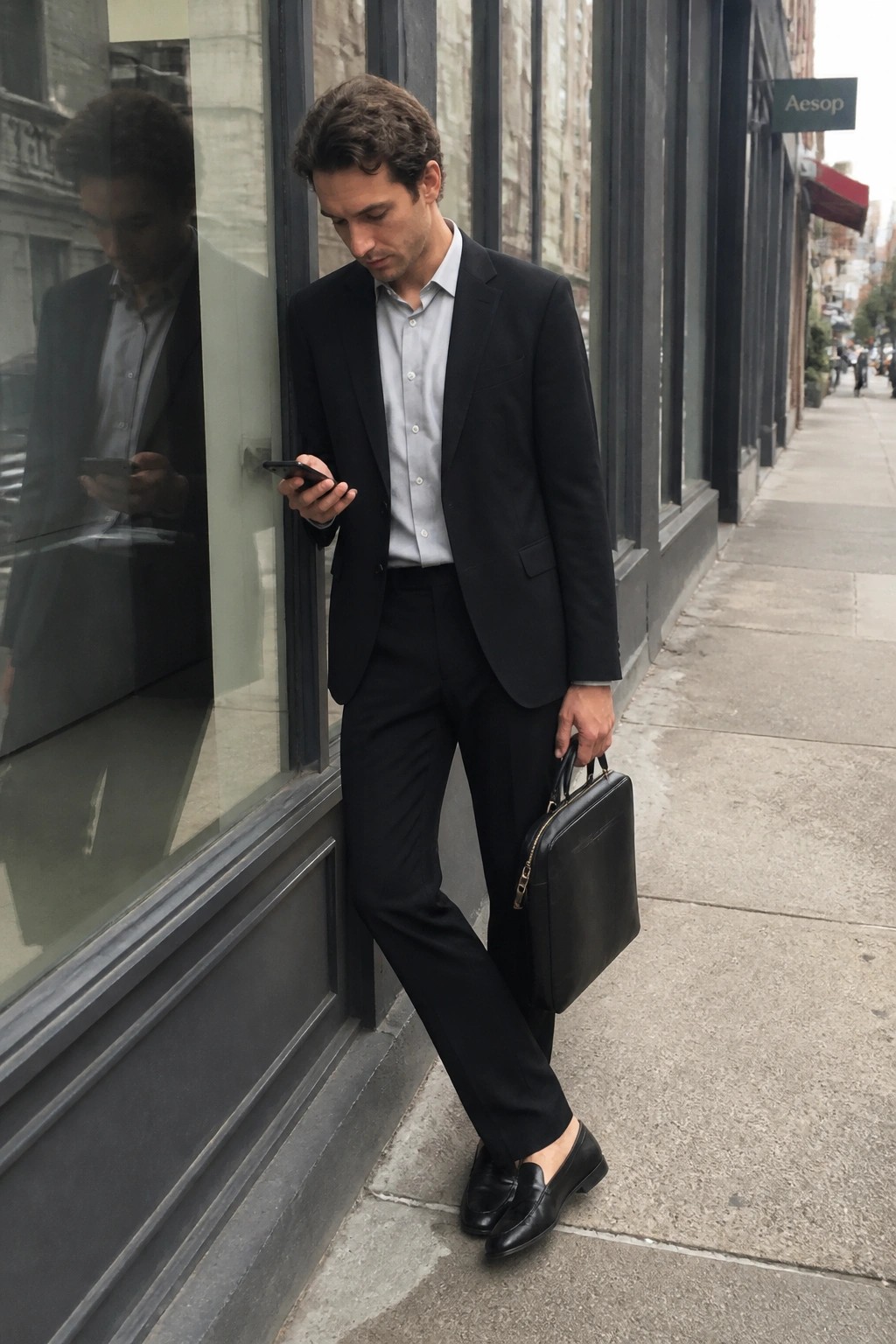 Man in black suit checks phone while holding briefcase beside glass window with reflection