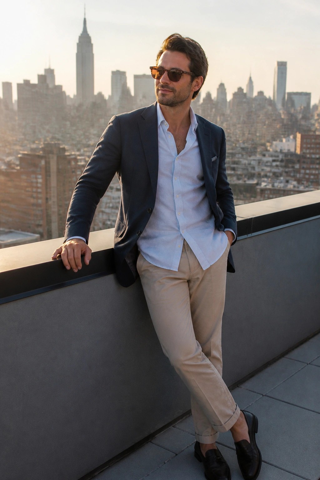 Man wearing a navy blazer over a white button down shirt paired with beige trousers and black loafers in front of a city skyline.