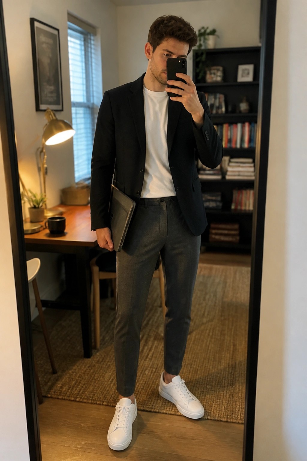 Man wearing black blazer over white t-shirt with grey slim trousers and white sneakers holding a dark laptop in a mirror selfie.