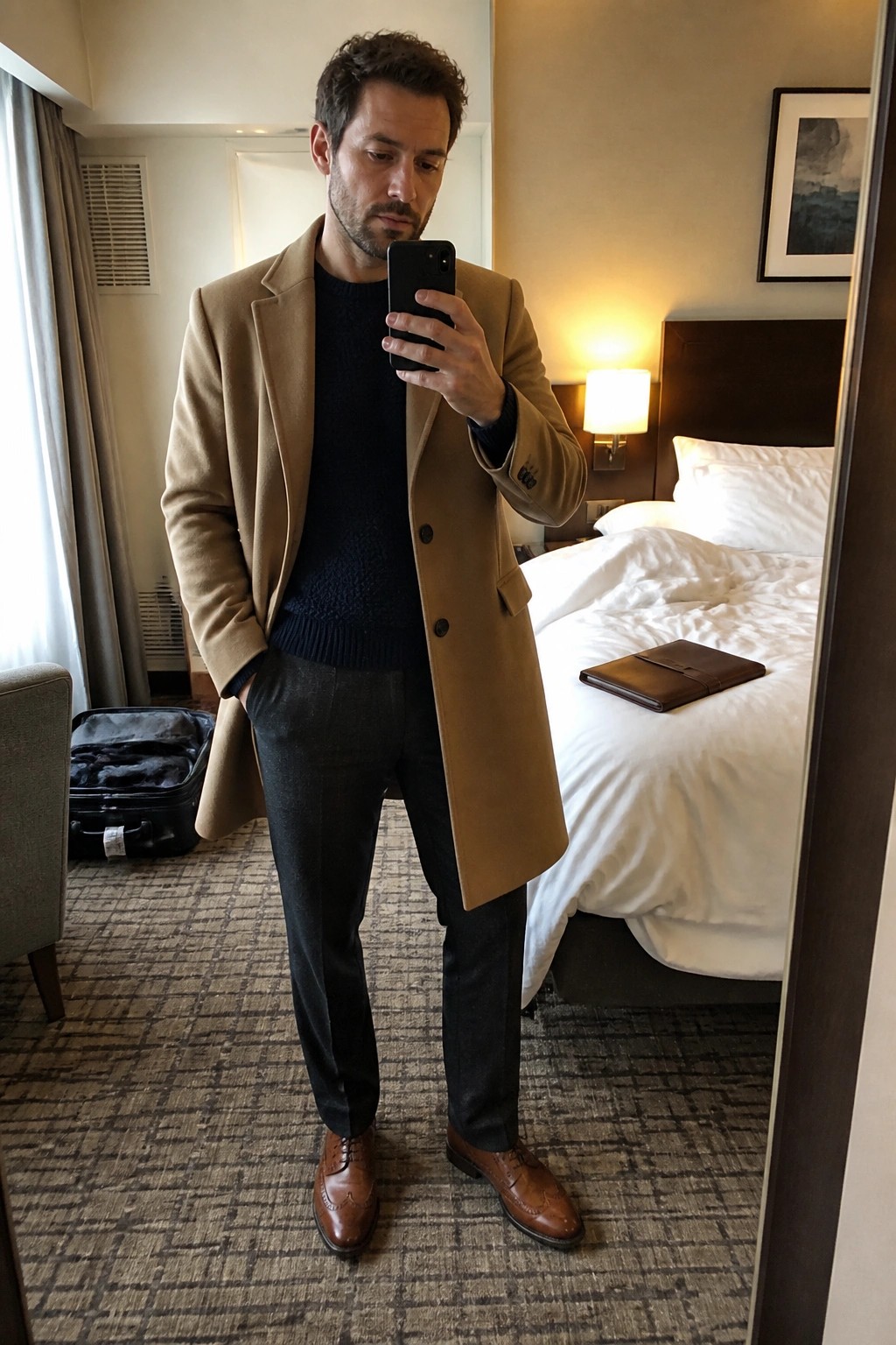 Man in tan overcoat over navy sweater taking mirror selfie in hotel room