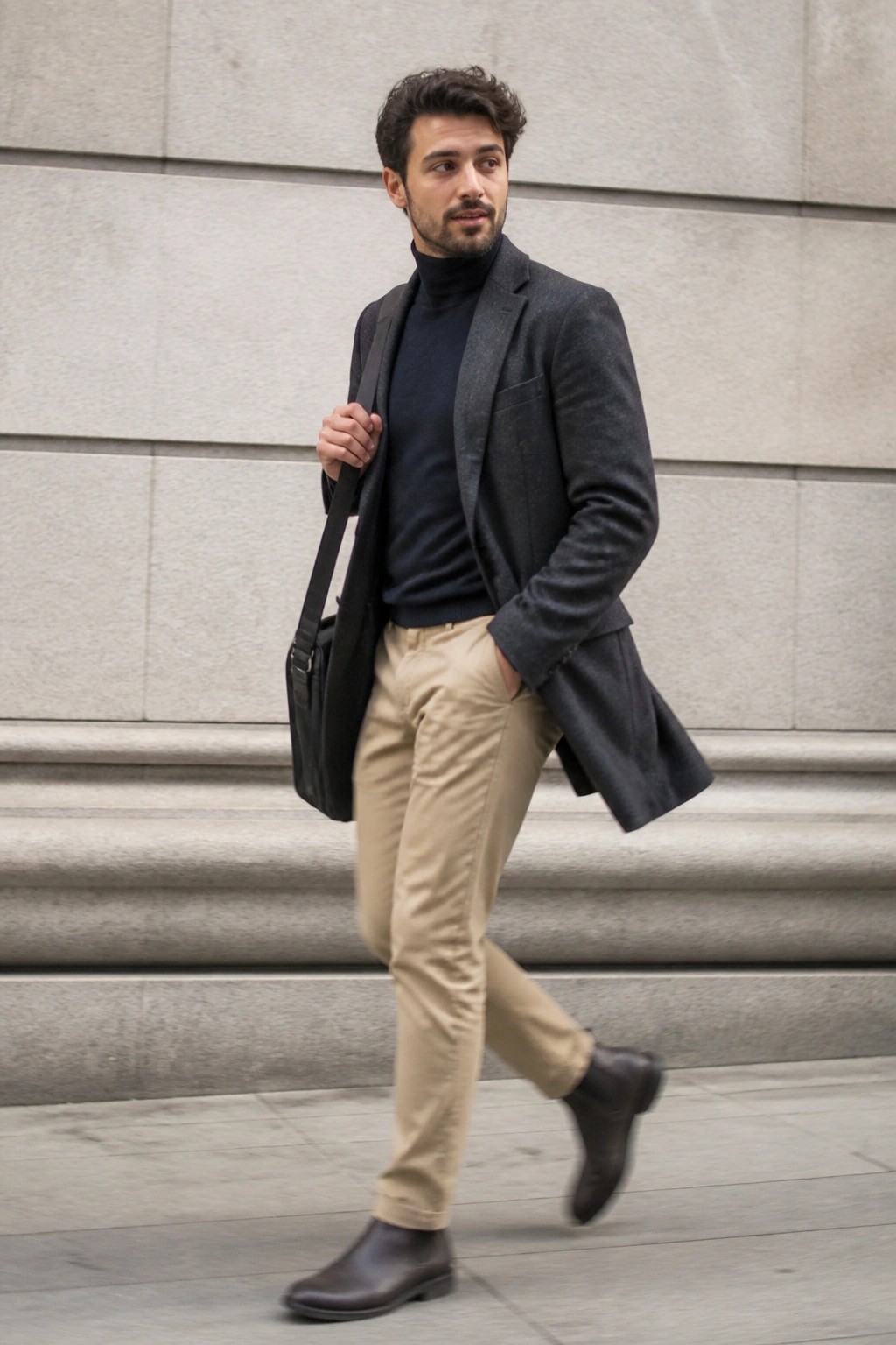 Man in gray blazer over navy turtleneck, beige pants, carrying black bag while walking