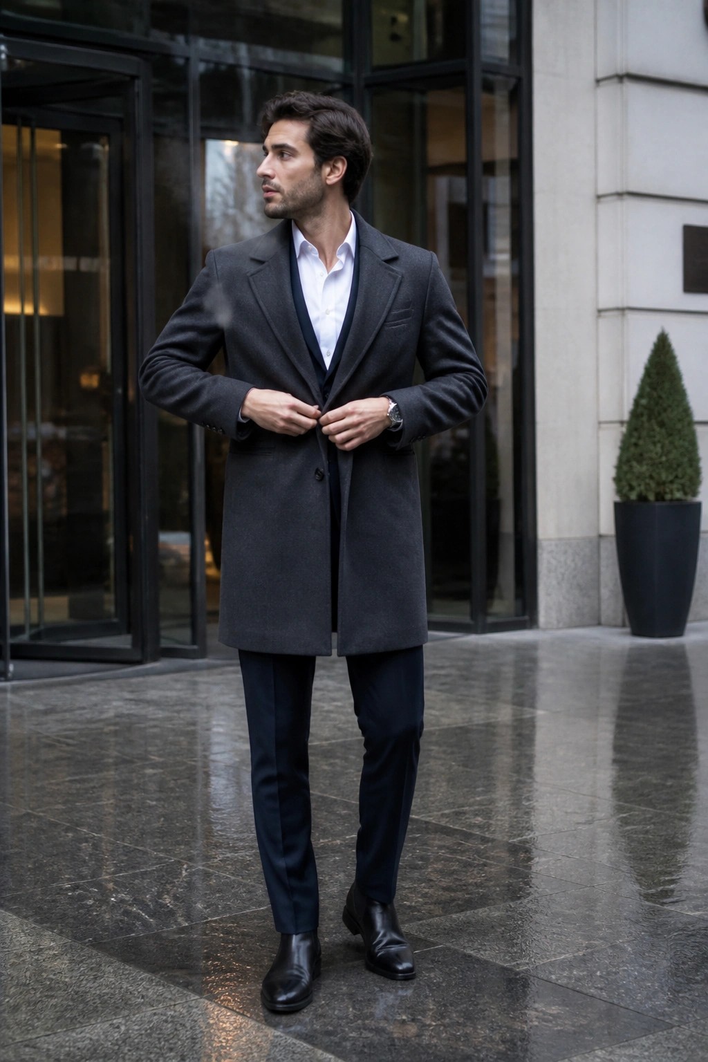 Man in dark gray overcoat adjusting buttons over white shirt on wet pavement