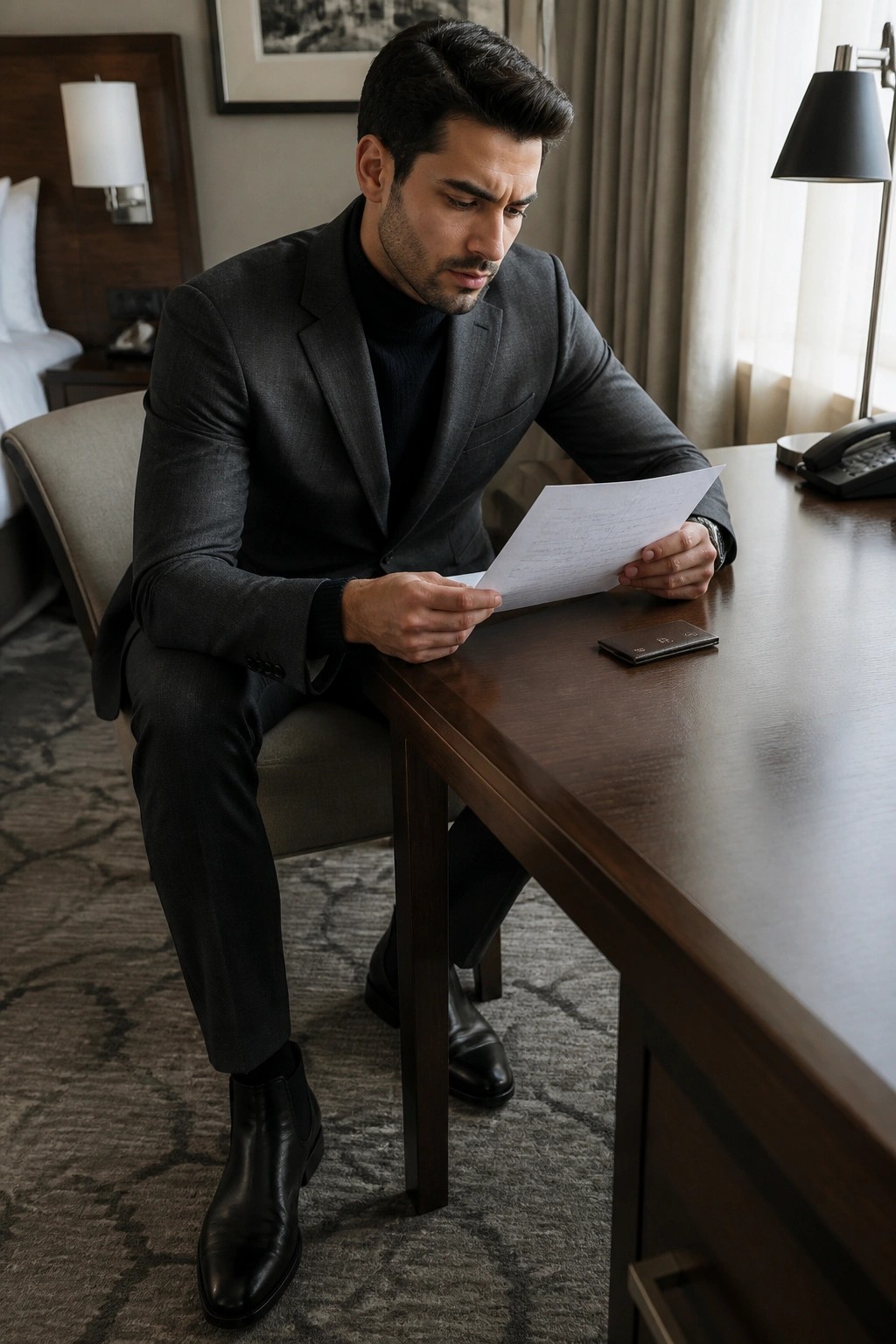 Man in gray suit and black turtleneck reading document at wooden desk in hotel room