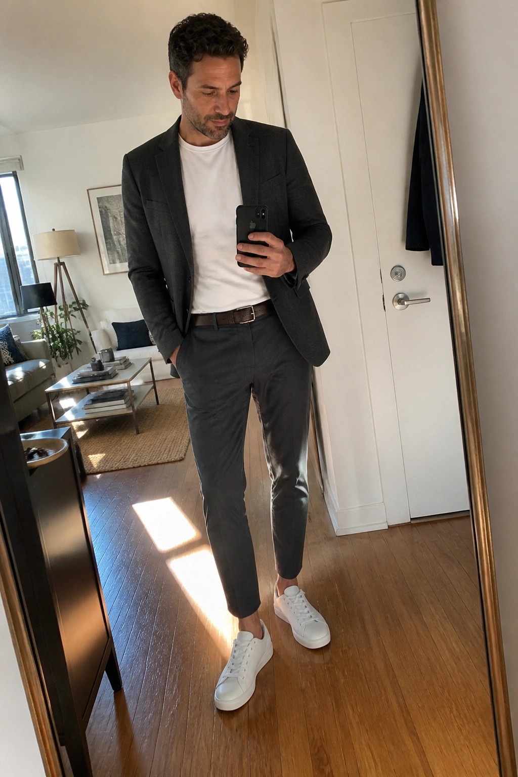 Man in gray blazer and pants takes mirror selfie wearing white sneakers