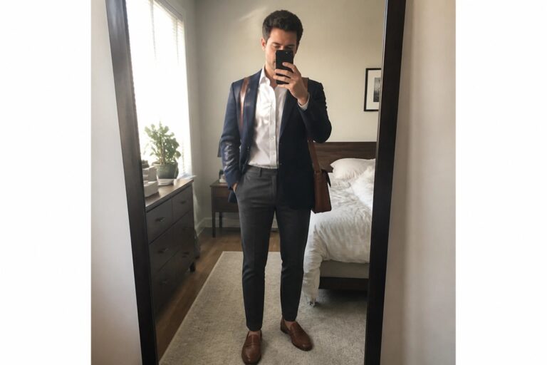 23 Smart Presentation Outfits for Men Focused on Credibility and Executive Presence Man in navy blazer and gray pants taking mirror selfie with brown leather bag.