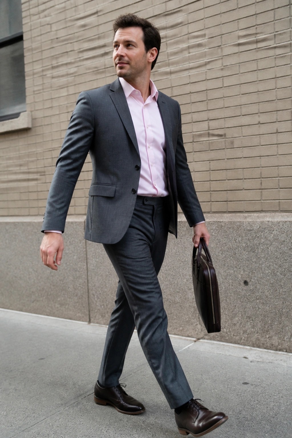 Man in gray suit and pink shirt walking with brown leather briefcase