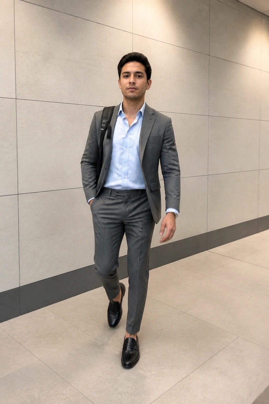 Man in gray suit and light blue shirt with black backpack indoors