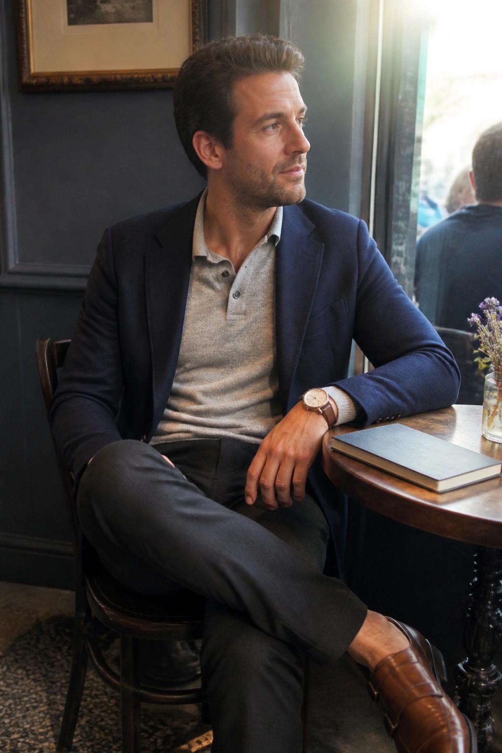 Man in navy blazer and gray polo at cafe table with book and flowers
