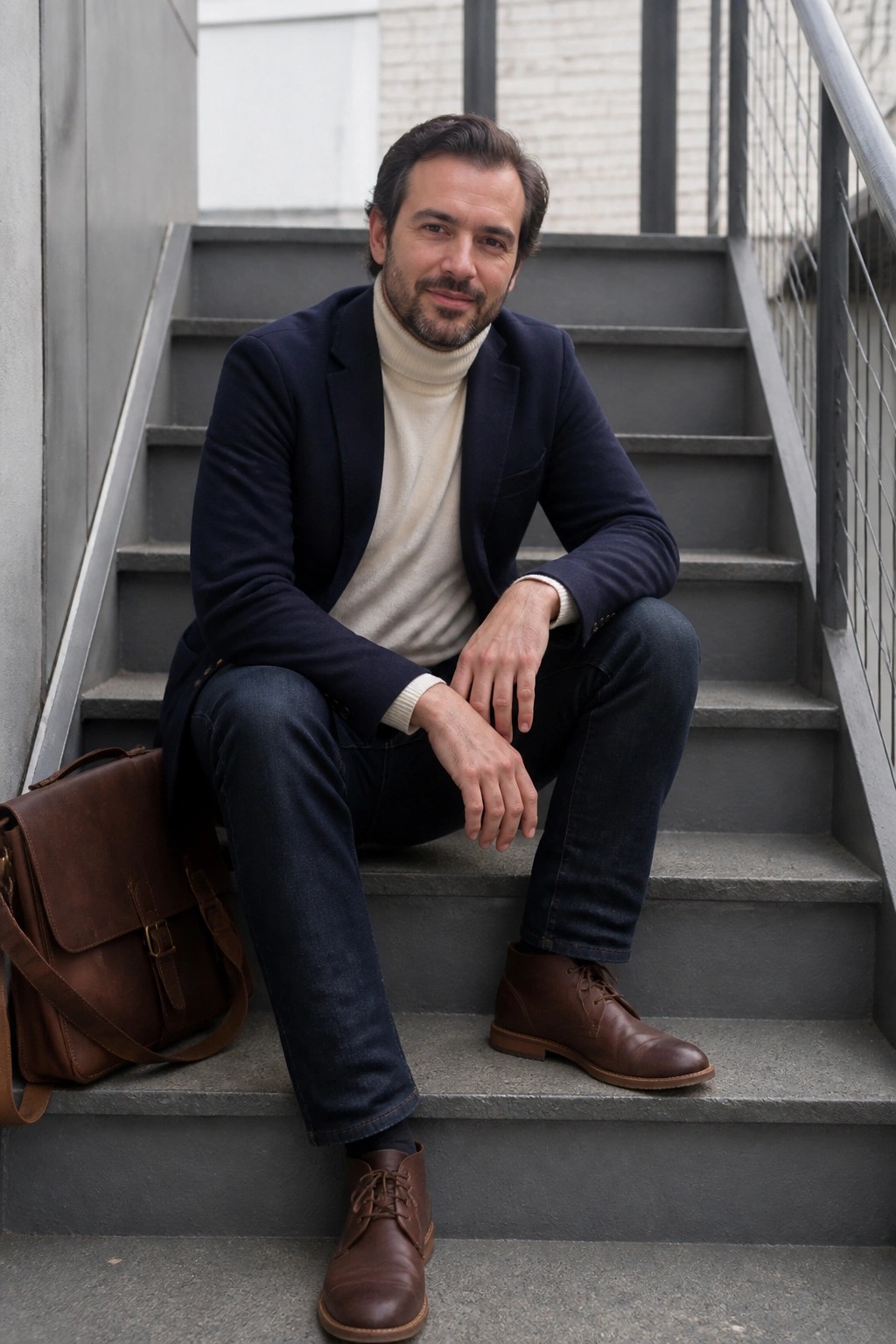 Man in navy blazer and cream turtleneck seated on gray stairs with brown bag
